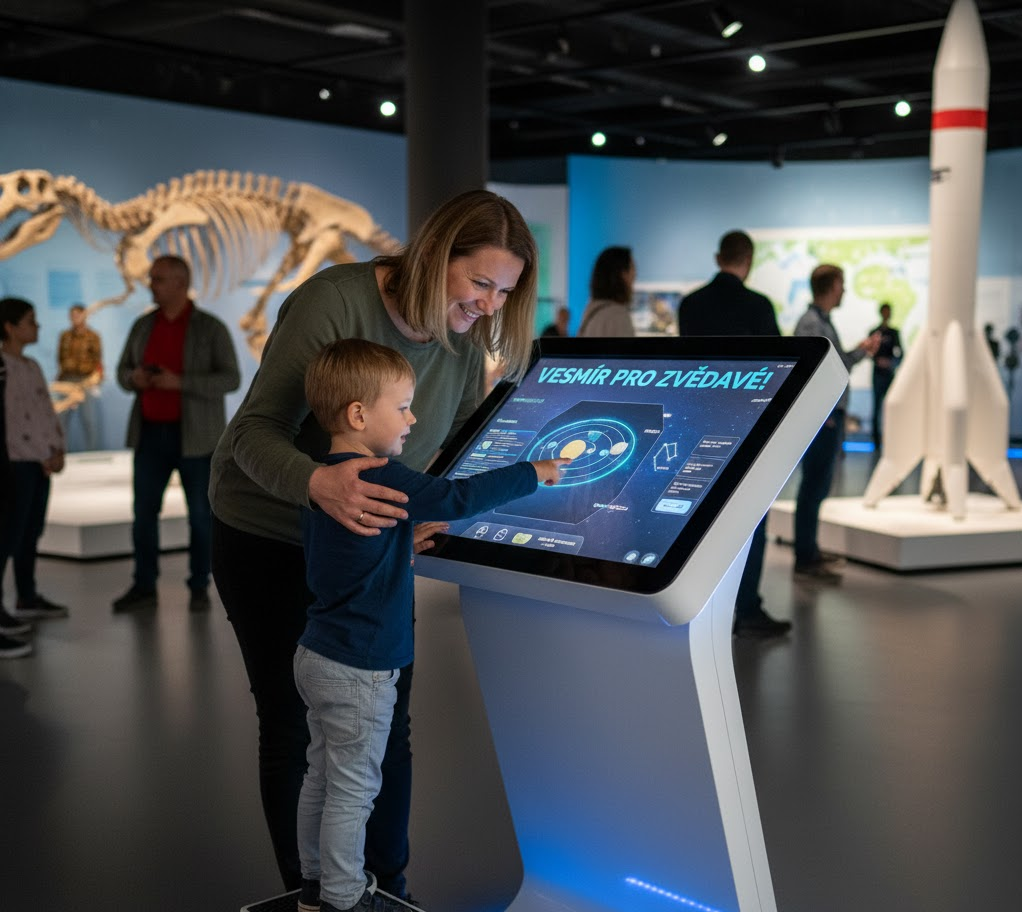 Dítě a dospělý společně ovládají interaktivní kiosek v muzeu vědy