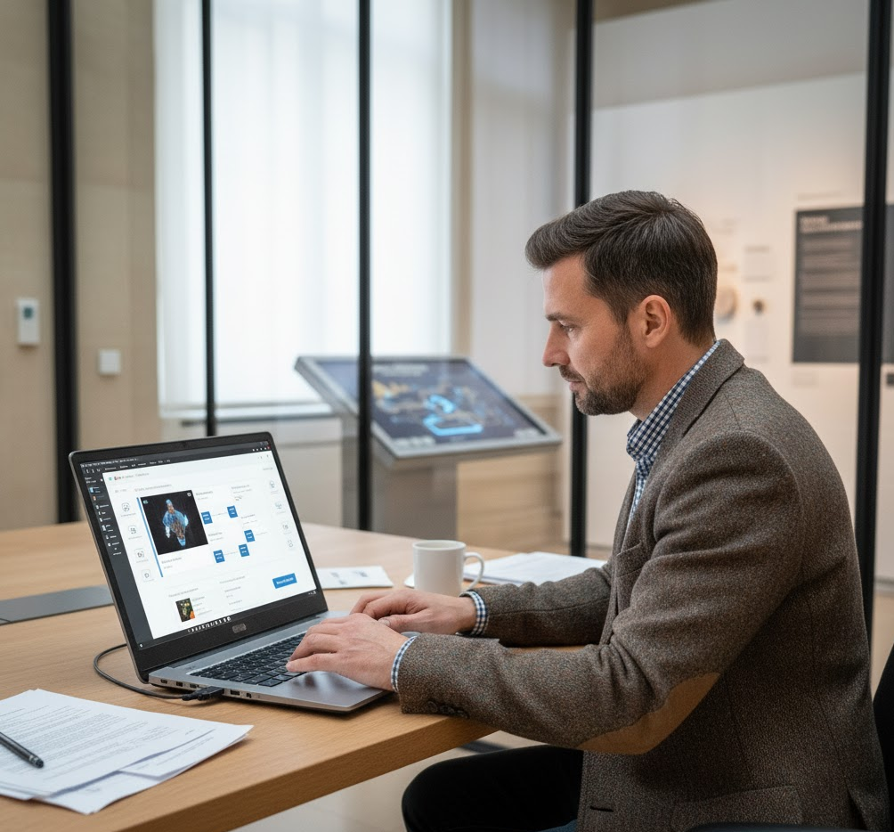 Kurátor muzea snadno upravuje obsah interaktivní expozice na notebooku pomocí vizuálního editoru