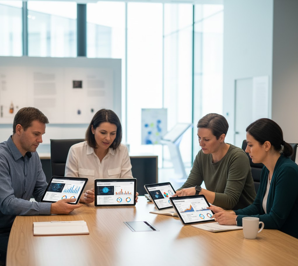 Tým kurátorů a manažerů analyzuje data z muzejního softwaru na tabletu