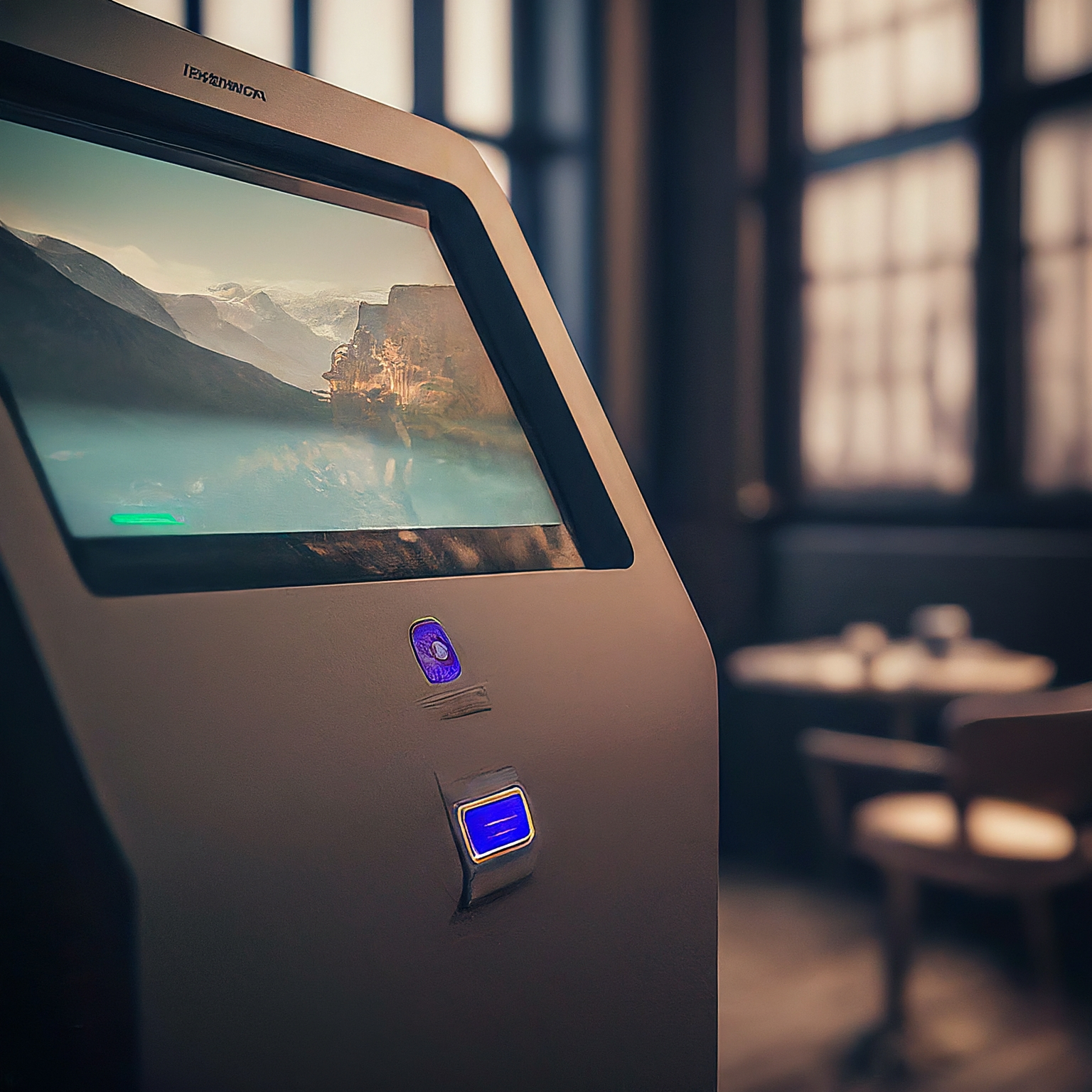 Moderní interaktivní kiosek v muzeu s dotykovou obrazovkou a návštěvníky