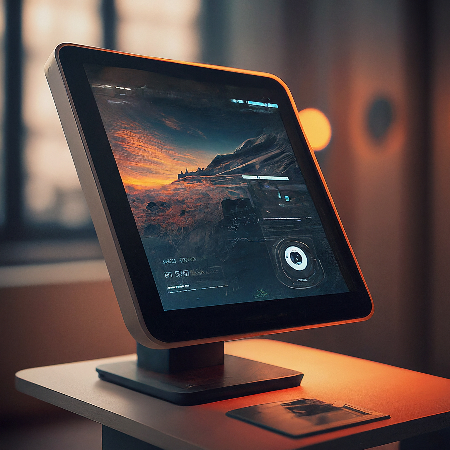 Moderní interaktivní kiosek s dotykovou obrazovkou v muzeu, zobrazující informace o expozici.