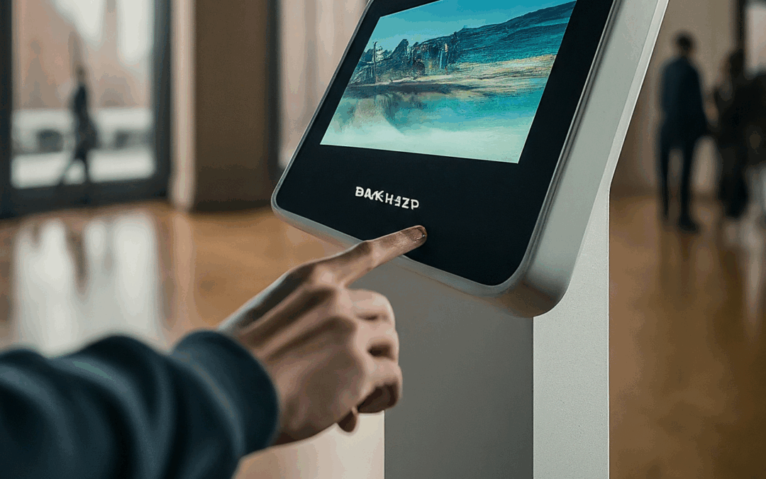 Interaktivní kiosek v moderním prostředí, sloužící návštěvníkům muzea, občanům obce a zaměstnancům firmy pro přístup k informacím a službám.