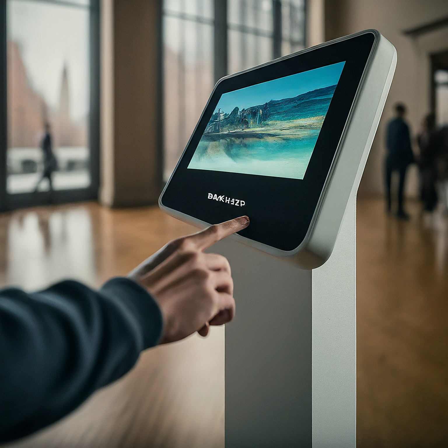 Interaktivní kiosek v moderním prostředí, sloužící návštěvníkům muzea, občanům obce a zaměstnancům firmy pro přístup k informacím a službám.