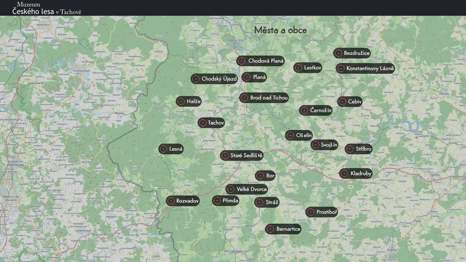 Interaktivní mapa měst a obcí v aplikaci kiosku Muzea Českého lesa v Tachově
