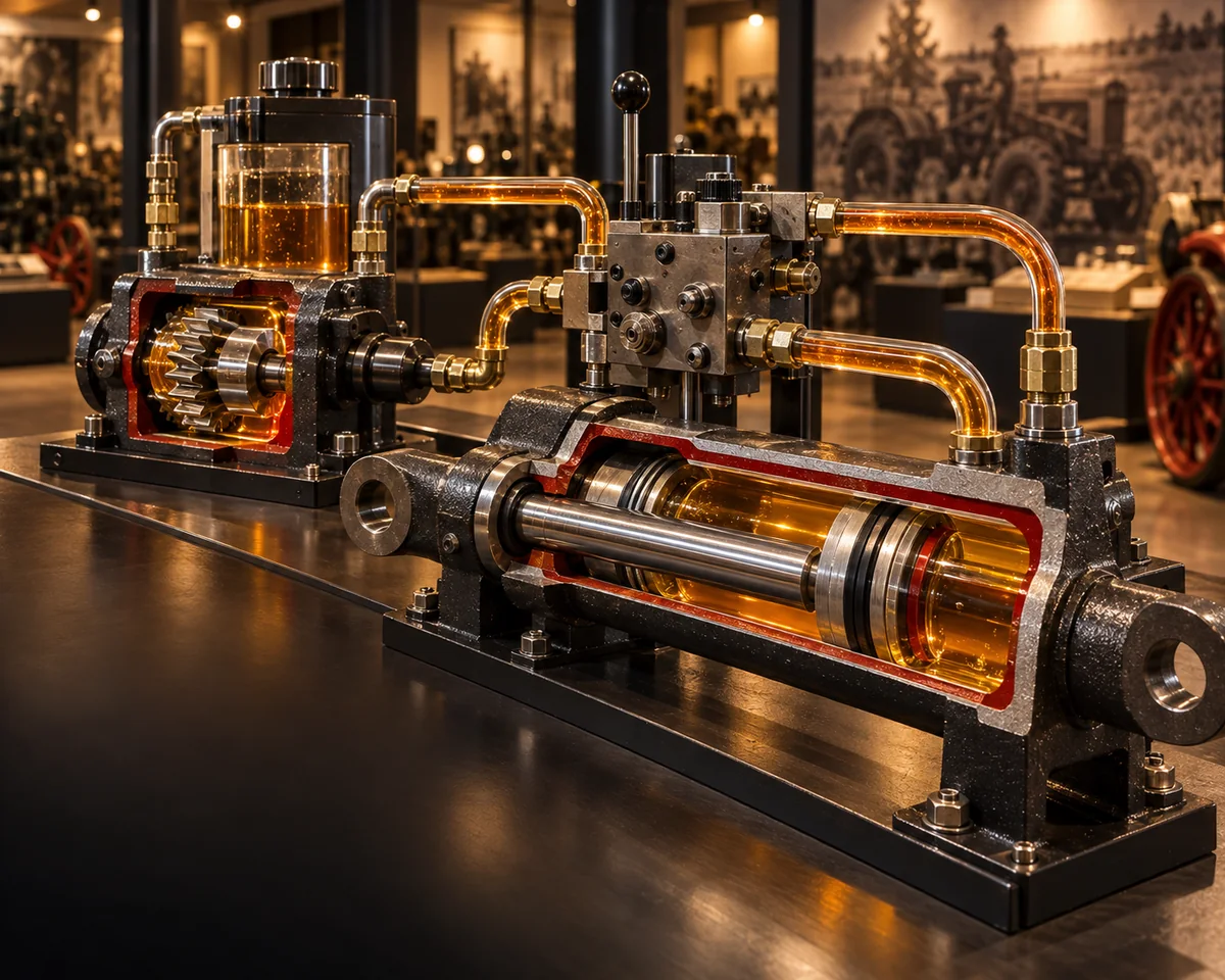 Řez hydraulickým válcem s barevně znázorněným prouděním oleje