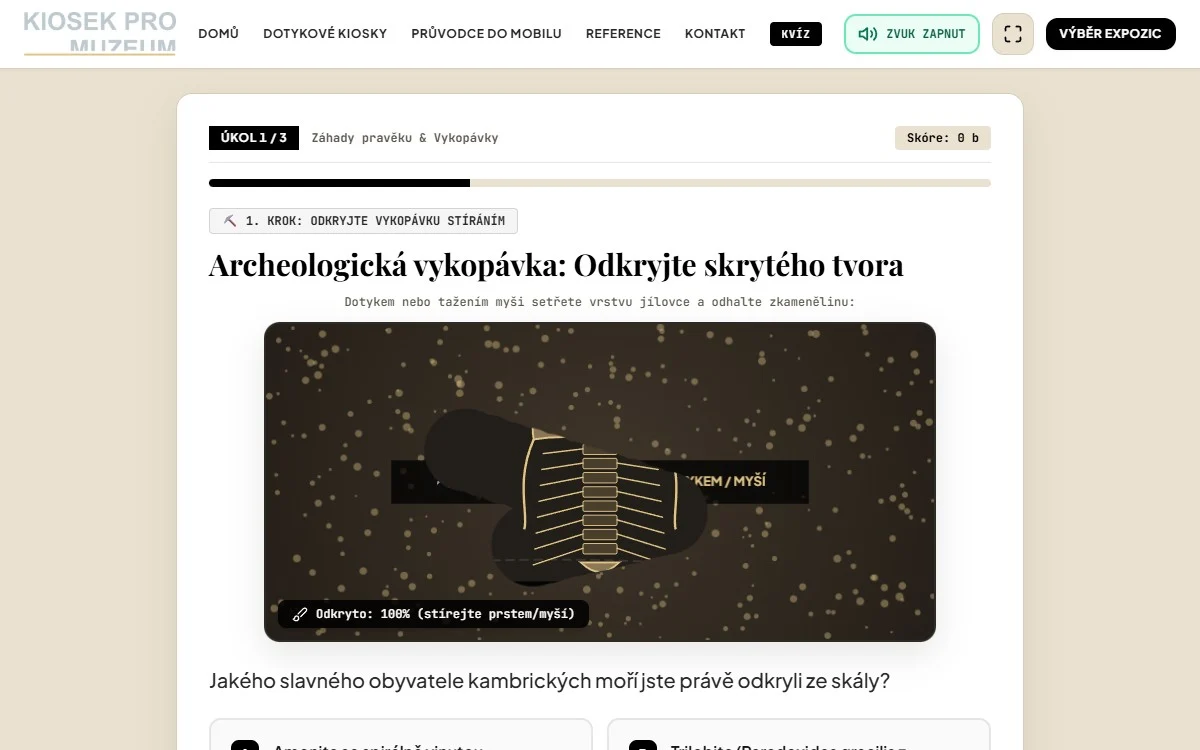Interaktivní stírání vrstvy kambrického jílovce a odhalení zkameněliny