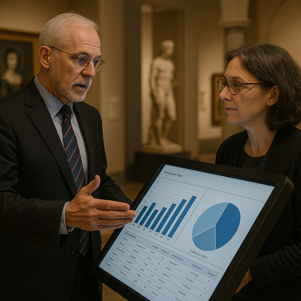 Ředitel muzea a kurátorka diskutují nad daty zobrazenými na interaktivním kiosku v expozici.